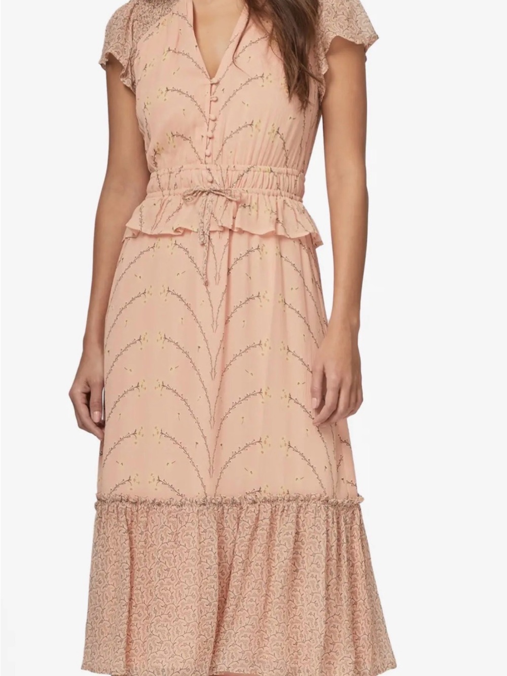 PAIGE Peach Blush Silk Printed Ruffle-Waist Midi Dress